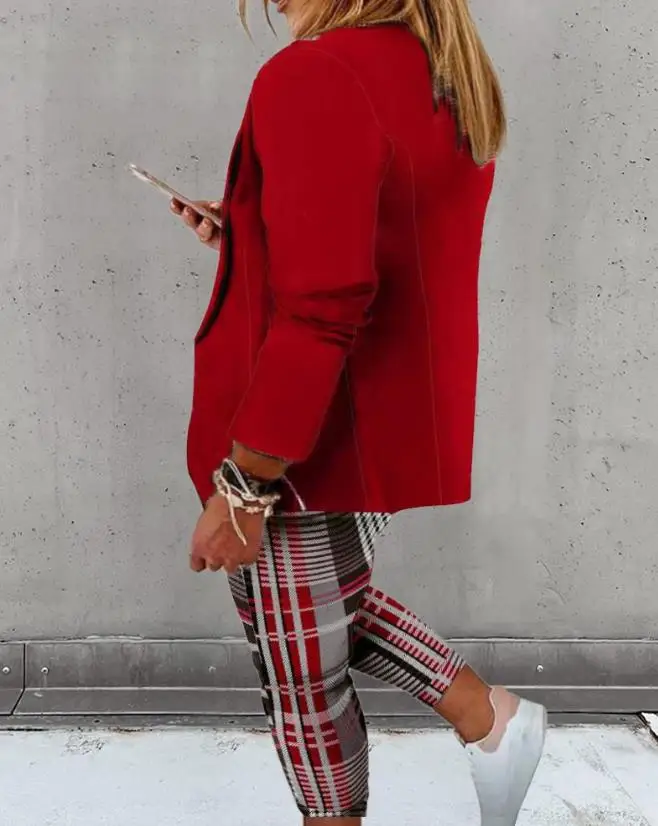 Two Piece Set Women Outfit 2023 Autumn Fashion Plaid Print Shawl Collar Long Sleeve Blazer Coat & Elegant Drawstring Pants Set