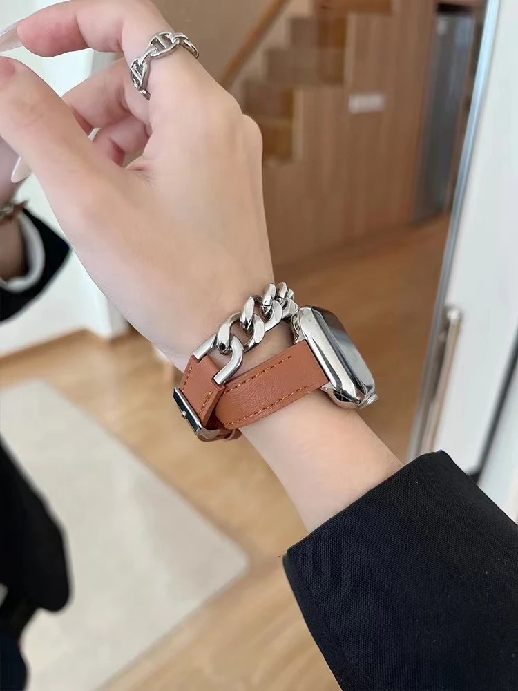 49mm Ultra Double Tour Metal Leather Strap for Apple Watch Band 40/44mm SE8 7 6 5 4 3 38/42mm Chain Bracelet for Iwatch 41/45mm