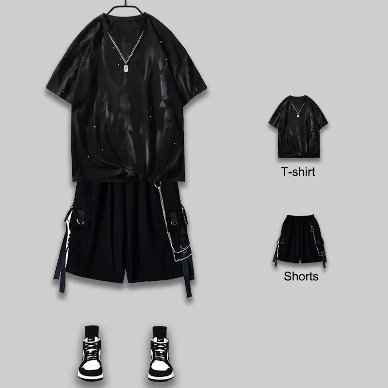 

Мужские комплекты ARENS Techwear, черные шорты-карго, Мужская футболка с принтом чернильный принт, футболка с коротким рукавом, Корейская летняя футболка в стиле Харадзюку