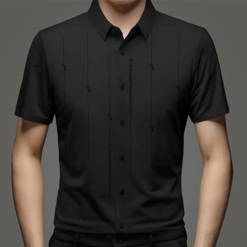 Summer New Shirts for Men Short Sleeve Turn-down Collar Traceless Printing Fashion Blouse Button Striped Casual Loose Slim Tops 6
