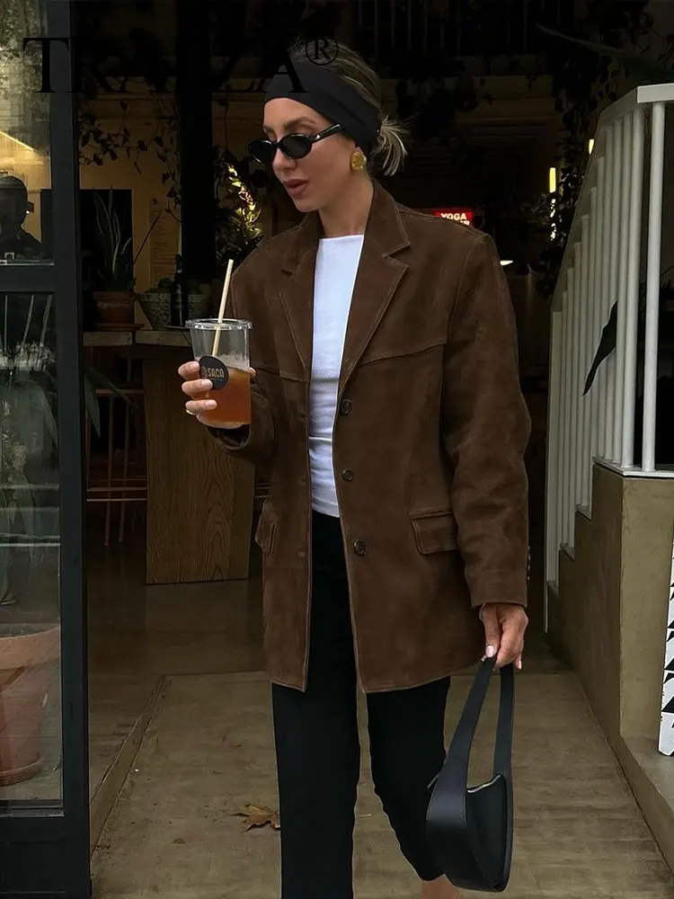 HH Women Vintage Brown Suede Blazer Coat Single Breasted Long Sleeve Lapel Jacket With Pockets Casual Office Lady Outerwear