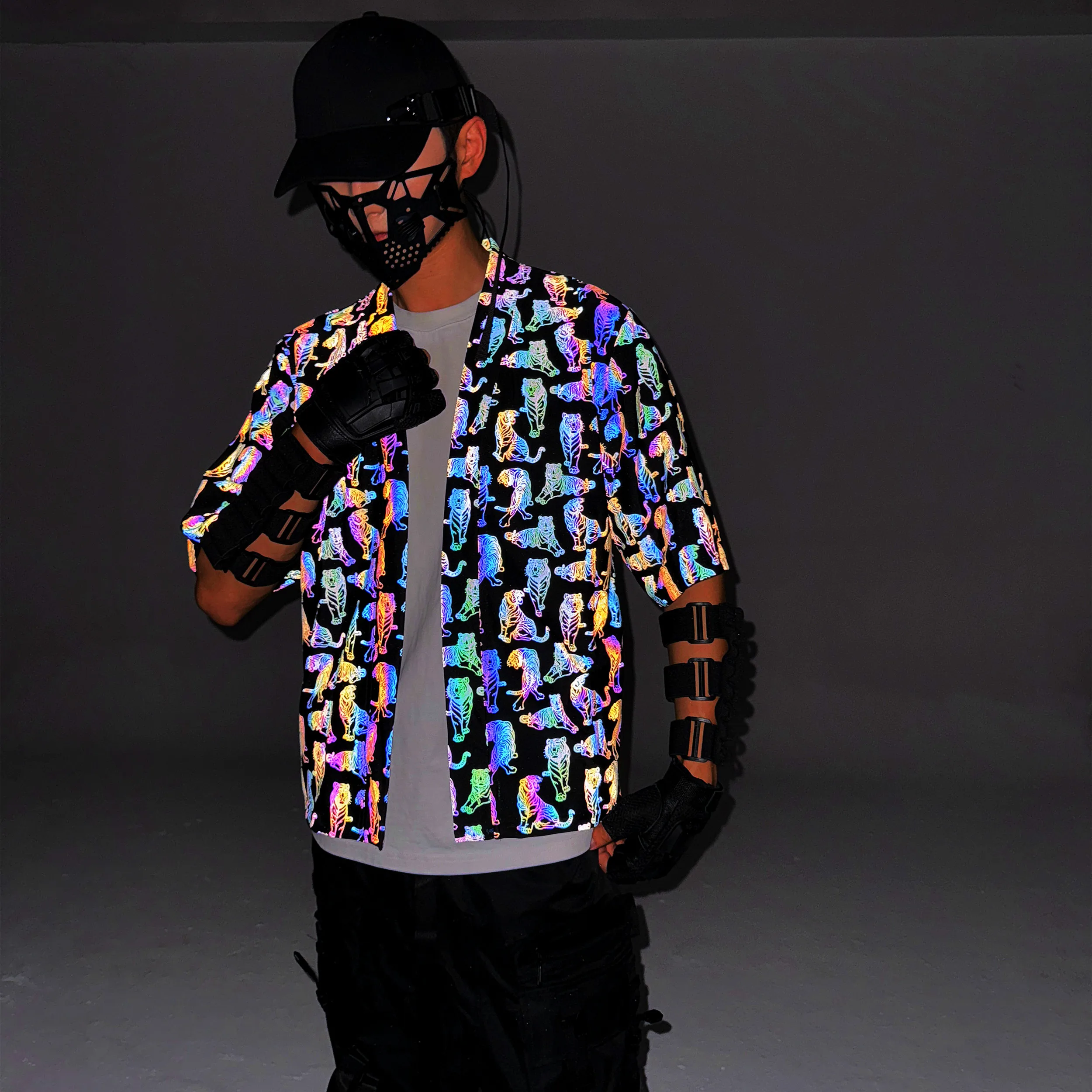Men Autumn Colorful Reflective Punk Hip Hop Short Sleeve Shirt Japanese Style Knitted Cardigan Kimono