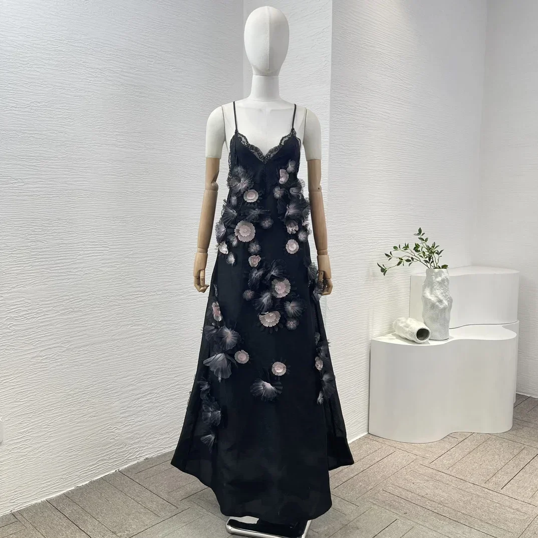 

Женское кружевное платье макси, элегантное черное лоскутное платье с открытой спиной и трехмерными цветами, лето 2024