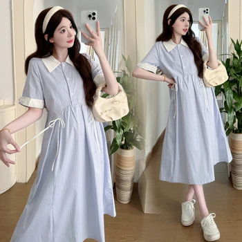 Summer Maternity Drawstring Dresses Block Color Turn-down Collar Short Sleeve Striped Patchwork Elegant Pregnancy Gowns Dresses