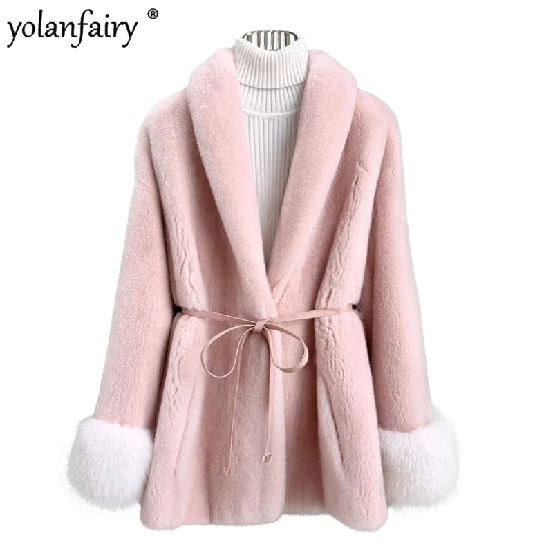 

Real Whole Mink Fur Coat Women Winter Fur Clothing 2023 New Female Fox Fur Collar Velvet Mink Fur Midi Long Coats High-end FCY