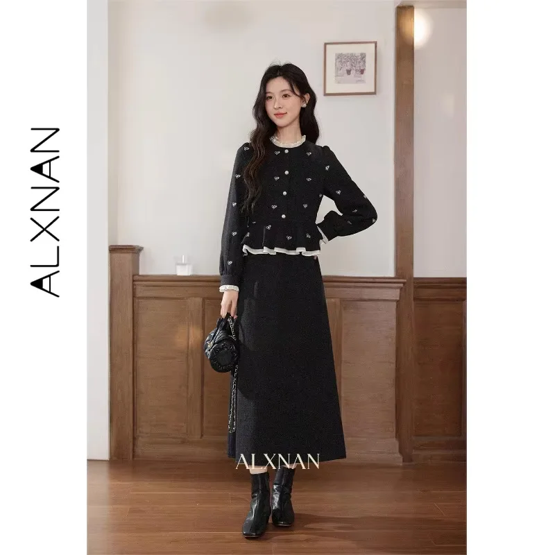 ALXNAN Woman's Dress Fake Two-piece Lace Trim Patchwork Printed Back Zipper Dress Breathable Luxurious Ladies Clothing DYL662161