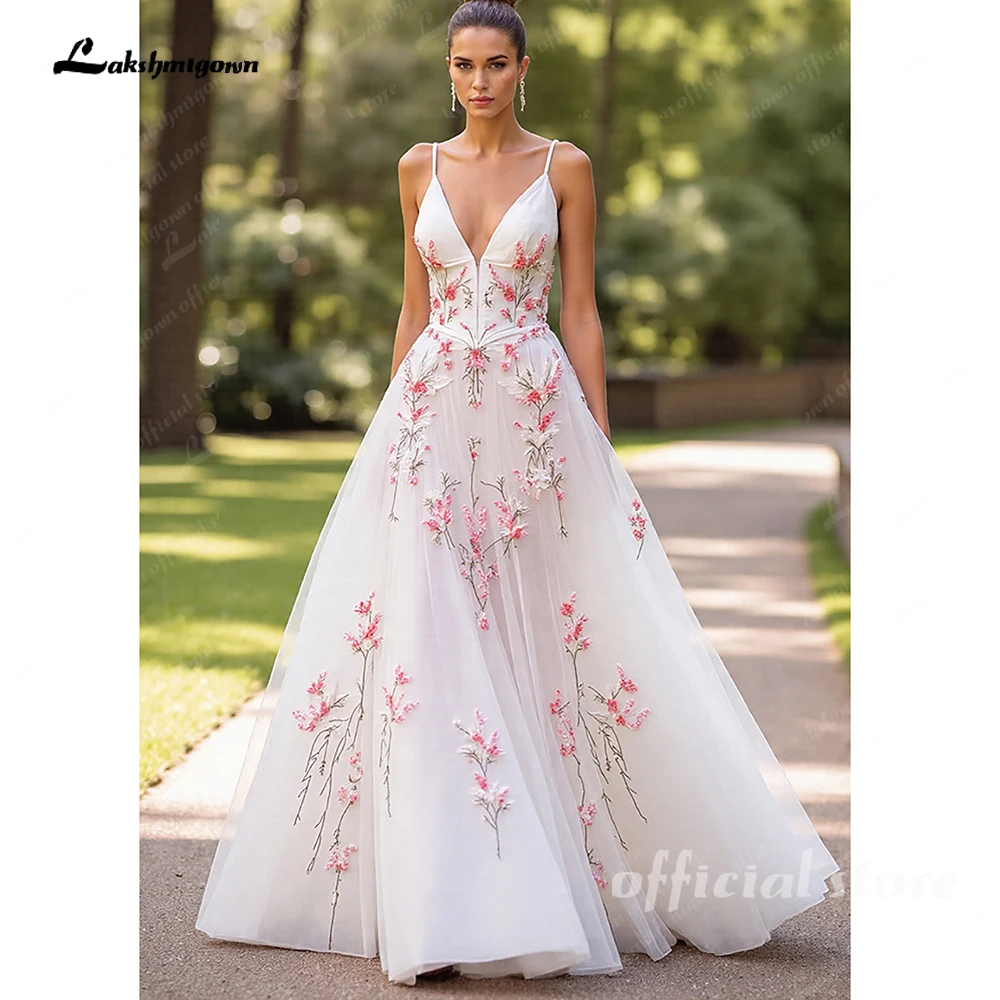 Lakshmigown Pink Floral Embroidery V-Neck Wedding Dress Spaghetti Straps A Line Wedding Gown Robe De Mariée Customized