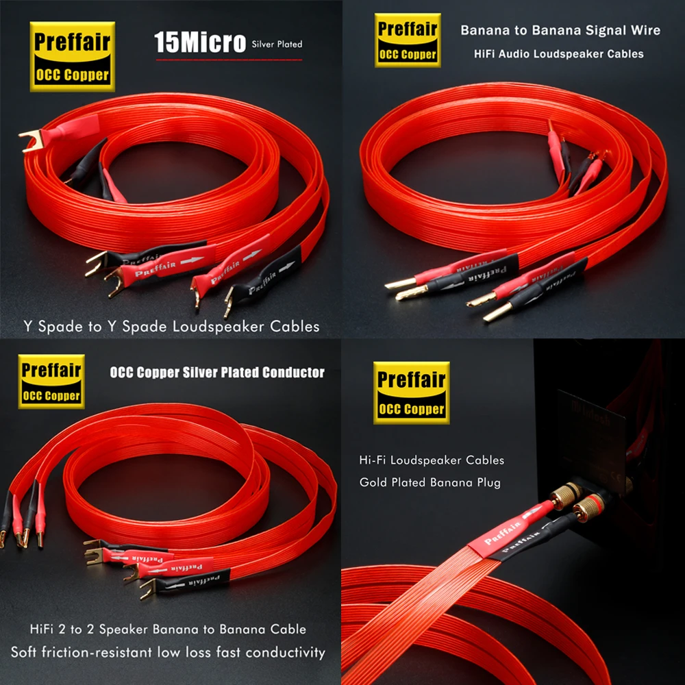 Pair OCC Speaker Cable Blue Ribbon Horn Banana Y Plugs Cable flat belt structure for Speaker Amplifier High fidelity sound