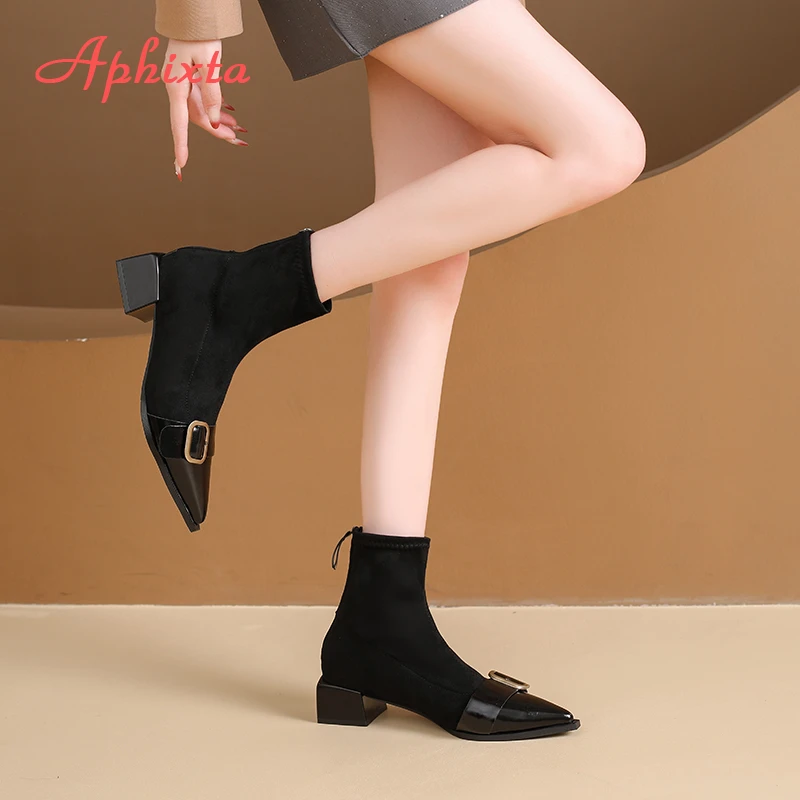 Aphixta Pointed Toe Sexy Women Ankle Boots 4.5cm Med Heels Woman Shoes Square Button Fashion Woman Boots Shoes Size 42 Footwear