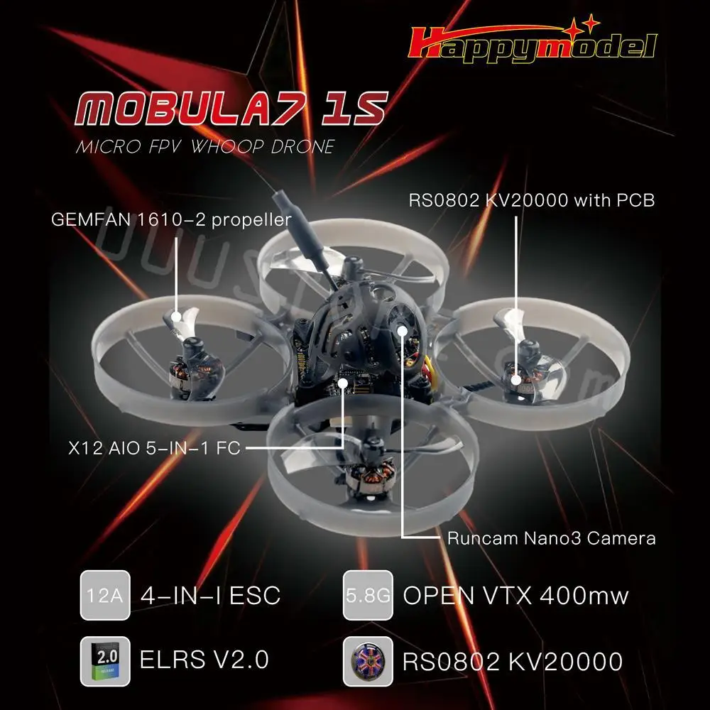 

Happymodel Mobula7 1S X12 5 в 1 Контроллер полета AIO BLHELIS 12A OPENVTX 400 МВт Runcam Nano3 RS0802 KV20000 1S 75 мм FPV Tinywhoop