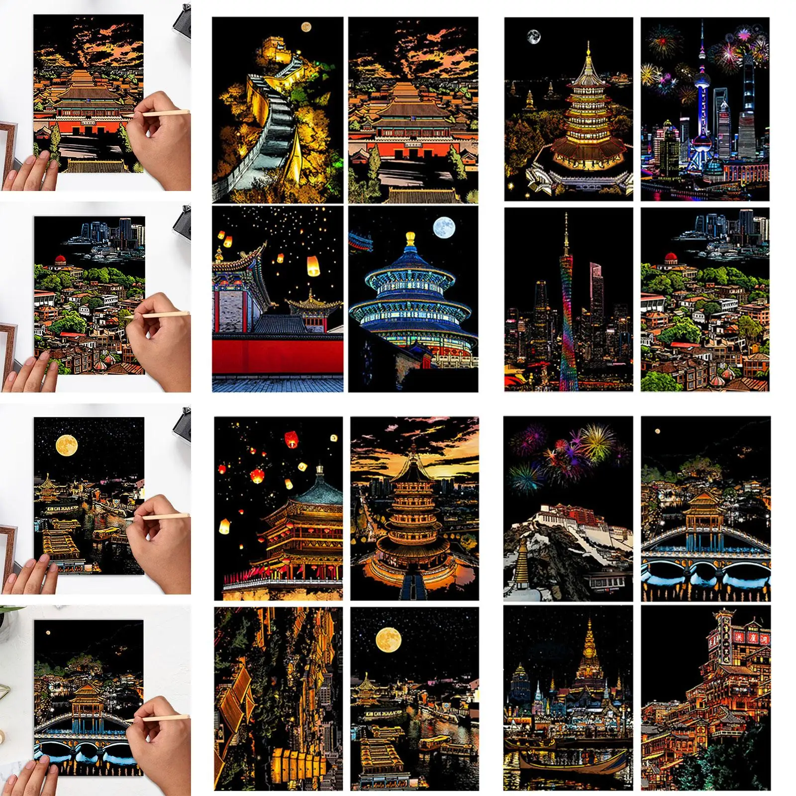 4x Scratch Paper Art Set Scratch Painting Paper for Holiday Easter Christmas Includes 4 Pieces Of Card 1 Wood Pen scratch off paper set