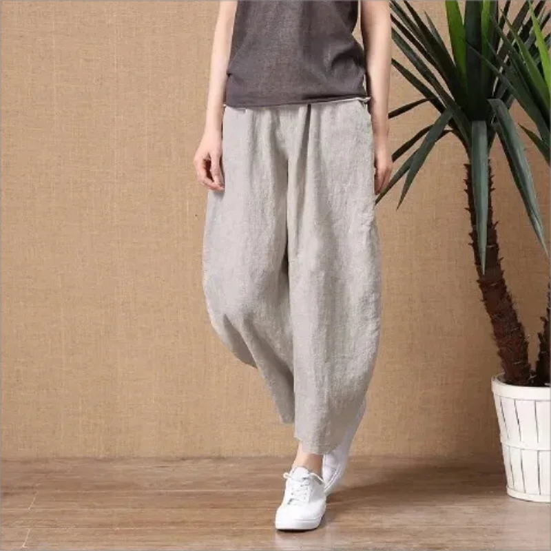 

Cotton linen high-waisted solid color pants female 2024 summer new Korean version of the retro literary temperament loose pants