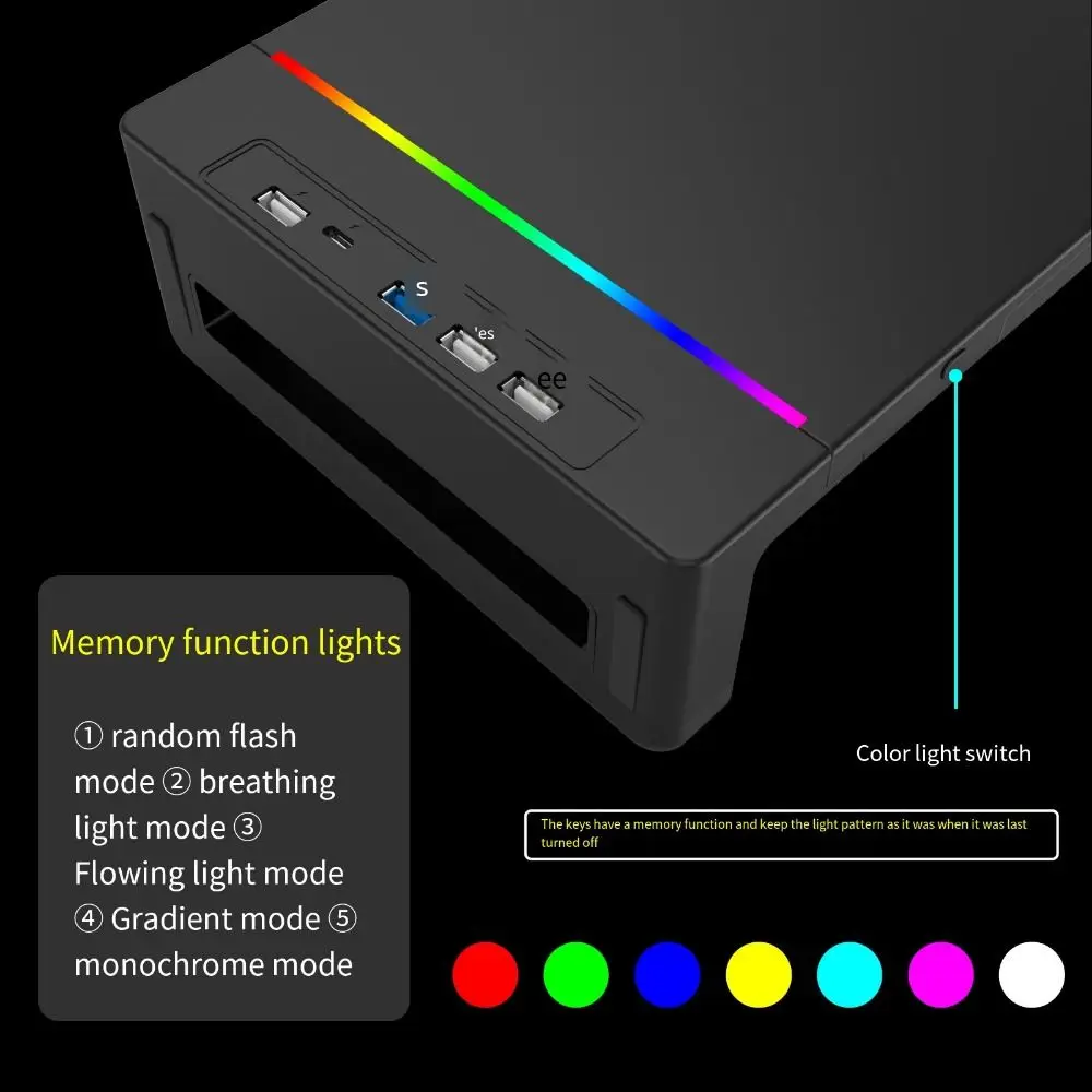 RGB 조명 모니터 스탠드 라이저, USB 3.0 & 2.0 허브, 접이식 노트북 거치대, 인체공학적 디자인, 수납 서랍 포함