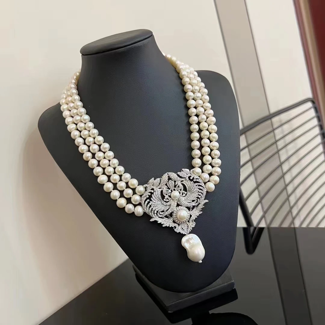 Natural 3 Strands8-9mm Freshwater Cultured White Pearl Necklace CZ Cubic Zirconia Pave Pendant Handmade For Women