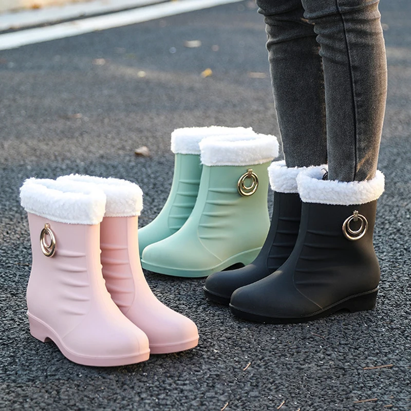 Fashion Women's Rain Boots Mid-Tube Plus Velvet Warm Trend All-Match Non-Slip Water Shoes Kitchen Work Rain Boots Water Boots