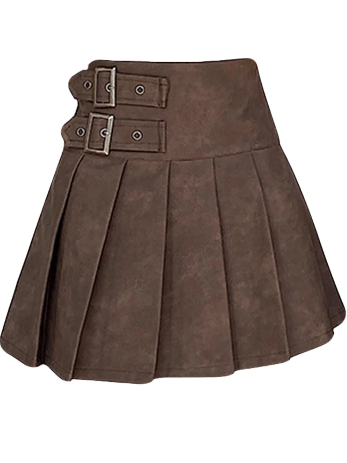 plus Size Autumn Winter Brown Pleated  Skirt High Waist Slimming A-Line Skirt Women's Faux Leather Skirt Sweet College Sle
