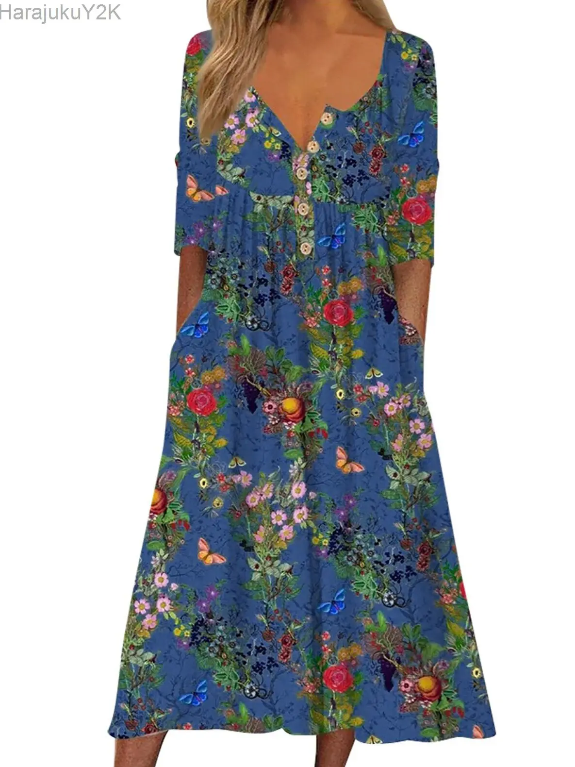 

Женское платье-миди с коротким рукавом, круглым вырезом и карманами