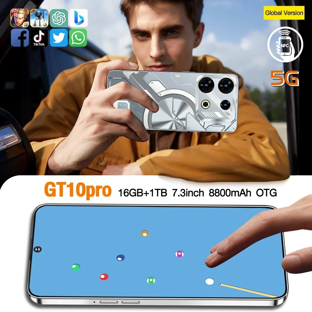 Global VER GT10 Pro 5G Smart Phone Deca-Core 16GB+1TB 7.3 Inch Smart phones NFC Android13 Mobile Phone 8800mAh Battery Face lD