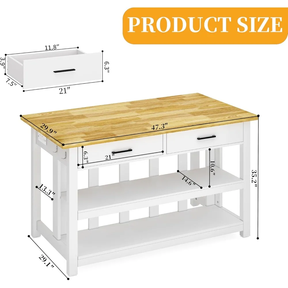 47.3" Solid Rubberwood Kitchen Island with Power Outlets - Extra Large Work Surface, 2 Drawers & Open Shelves Storage Cabinet 6