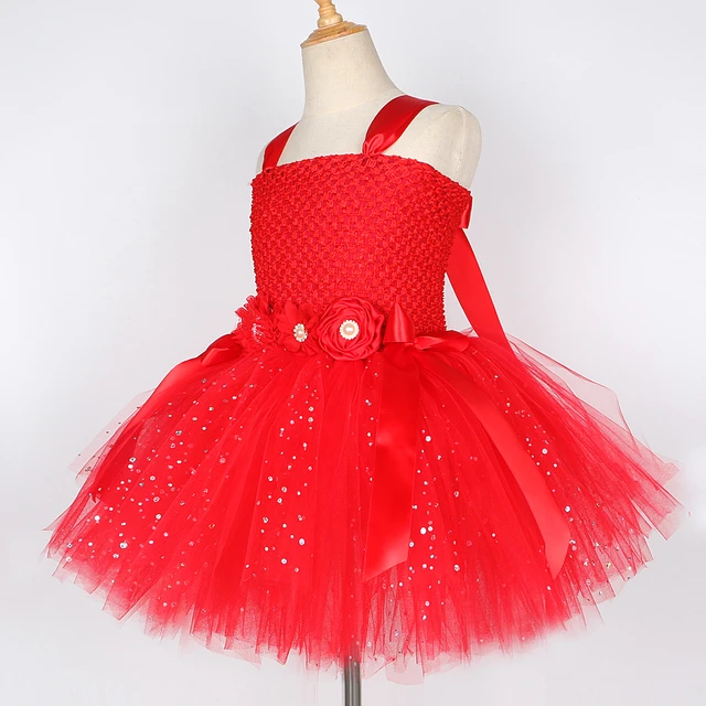 Red Sparkling Fairy Tutu Dress for Baby Girls Christmas Costume New Year Dress with Wings
