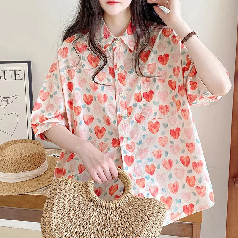 Summer POLO Collar Fashion Printing Shirt Women High Street Casual Loose Button Pockets Cardigan Korean Style Pure Cotton Tops