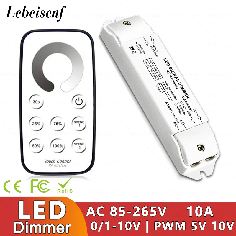 

0-10V LED Dimmer AC85-265V 10A 0/1-10V Signal Analog PWM 5V 10V Single Color Lighting Controller with RF Touch Remote Control