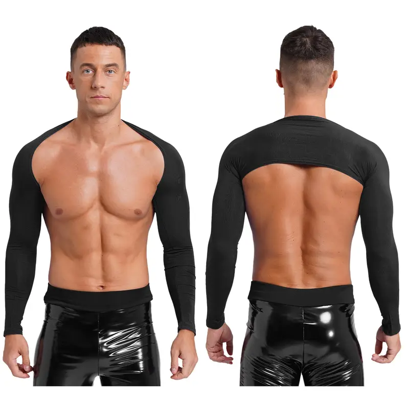 Men Open Front Half Crop Top Solid Long Sleeve Cardigan Bolero Shrug Tops Muscle Arm Sleeves Workout Sports Gym Tops Clubwear - Image 25