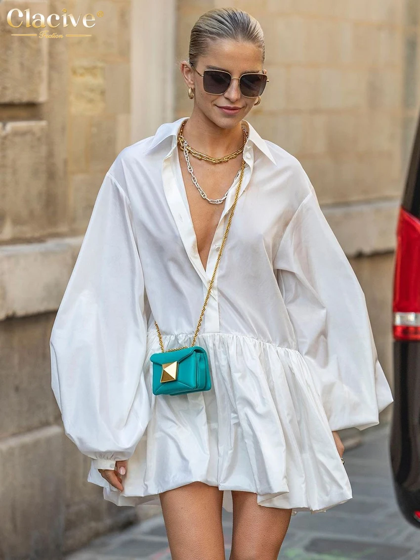 

BabYoung Fashion Loose White Lady Casual Lapel Puff Sleeve Mini Dress Shirt Elegant Classic Pleated Dresses For Women 2023