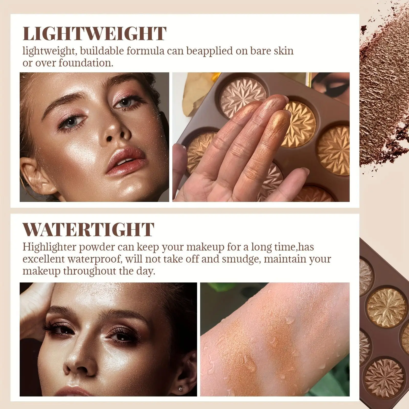 6-Color Highlighter Palette – Deep-toned shimmer pressed powder for an all-over face glow. Full-coverage face makeup with lumino