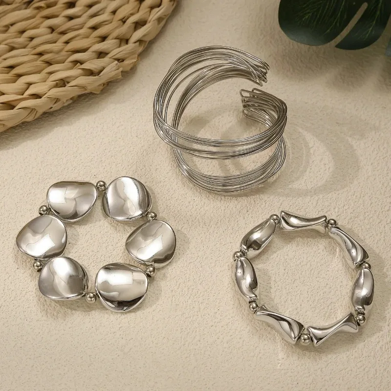 3 Pcs/set Geometric Twisted Lines Irregular Shaped Open Cuff Bracelet and Bangle Set for Women Punk Exaggerated Style Accessor