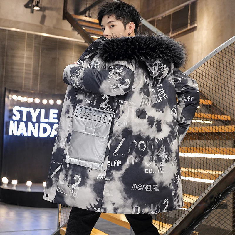 Cotton-Padded Coat Winter Men's Fashionable  Mid-Length Thickened Jacket Brand Glossy Stamp waterproof  Letter Fur collar