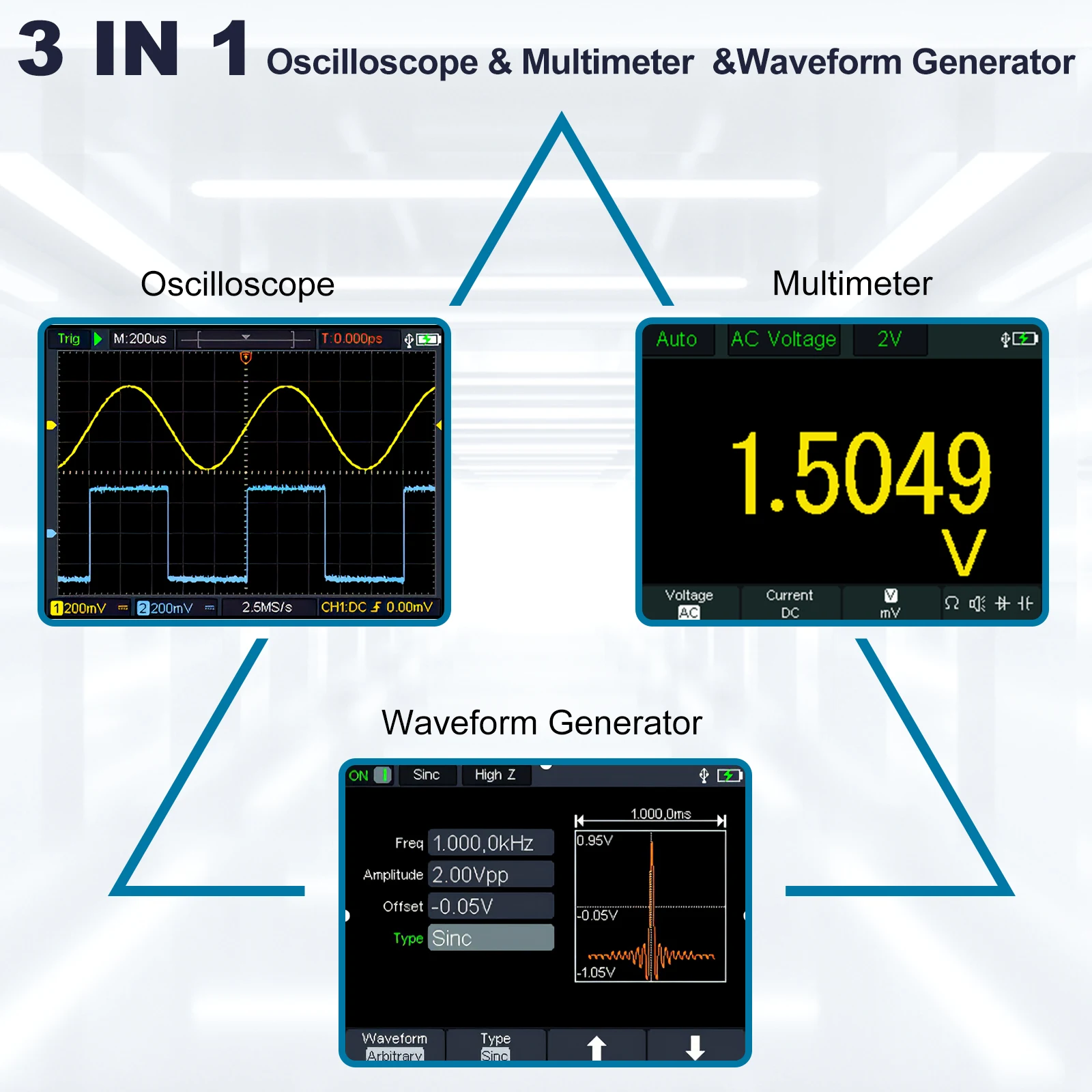 Hanmatek Digital Oscilloscope Multimeter Signal Generator Source 3 in 1 Multifunction 2 Channel Electronic Component Tester