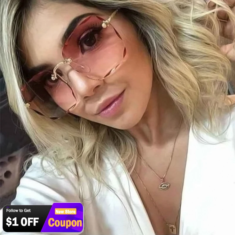 Rimless Sunglasses For Women Gradient Large Square Frame Uv400_voghion.com