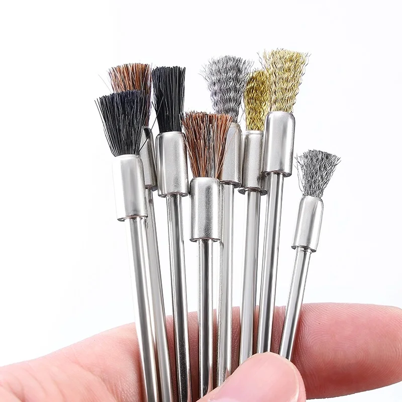 10 Stück 3*5/8mm Mini-Draht end bürste Stahl/Messing/Borste für Dremel 1/8 "Schaft Stift form Rotations werkzeug Zubehör Schlacke Fleck Rost Staub