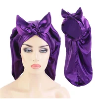 Kawaii Cat Ears Sleeping Cap For Women Silky Satin Bowknot Bonnet Solid Long Hair Night Cap Beauty Hair Care Bonnets Shower Cap 2