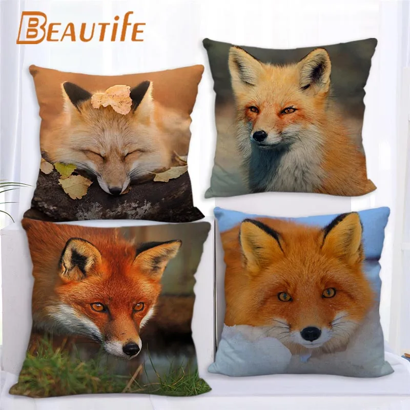 

45X45cm Fox Animal Pillow Cover Square Zipper Cotton Linen Fabric Pillow Cases Bedroom Home Decorative Boys Girls Gift
