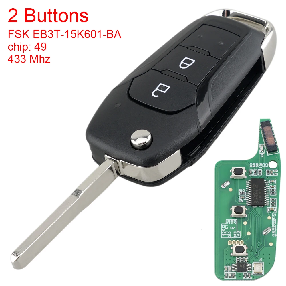 433MHz EB3T-15K601-BA 2 Buttons Flip Smart Car Remote Key with ID49 PCF7945P Chip Fit for Ford Ranger F150 2015 2016 2017