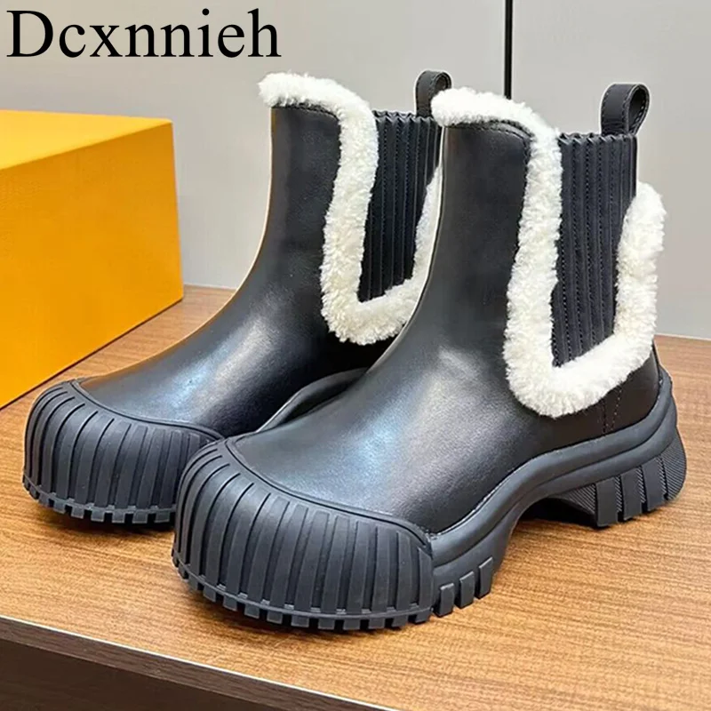 

Round Toe Genuine Leather Splicing Ankle Botas Women's Wool Decor Short Boots Winter Thick Heel Heighten Non-slip Chelsea Boots