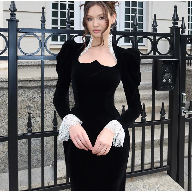 Vintage Floral Square Collar Long Dresses Women Elegant Puff Sleeve Lace Patchwork Maxi Dress Female Spring Chic Street Evening