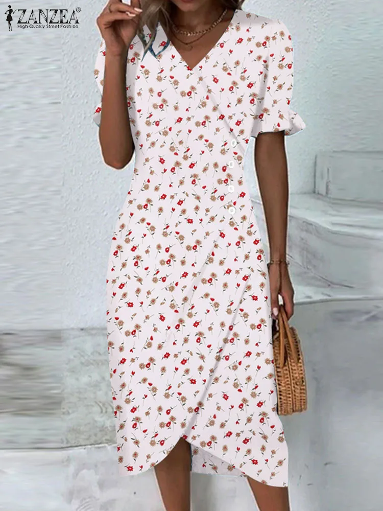 

ZANZEA Floral Print Slim Dress Flare Sleeve Women Elegant Holiday Sundress 2024 Fashion Summer Wrap V Neck Knee-length Vestidos