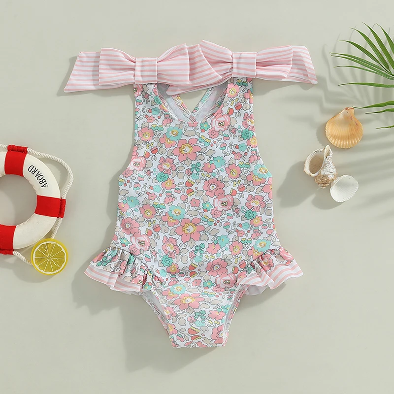 Yiiciovy Lovely Baby Kids Girls Summer Flower Swimsuit Sleeveless Cross Backless Floral Print Ruffles Bow Strap Bathing Suit