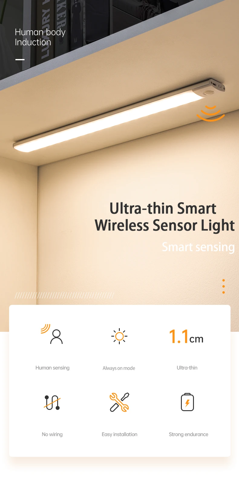 Description Picture 2 of itemCabinet Lights Motion Sensor LED Wireless USB Under Ultra Thin Night Light For Kitchen Cabinet Bedroom Wardrobe Indoor Lighting