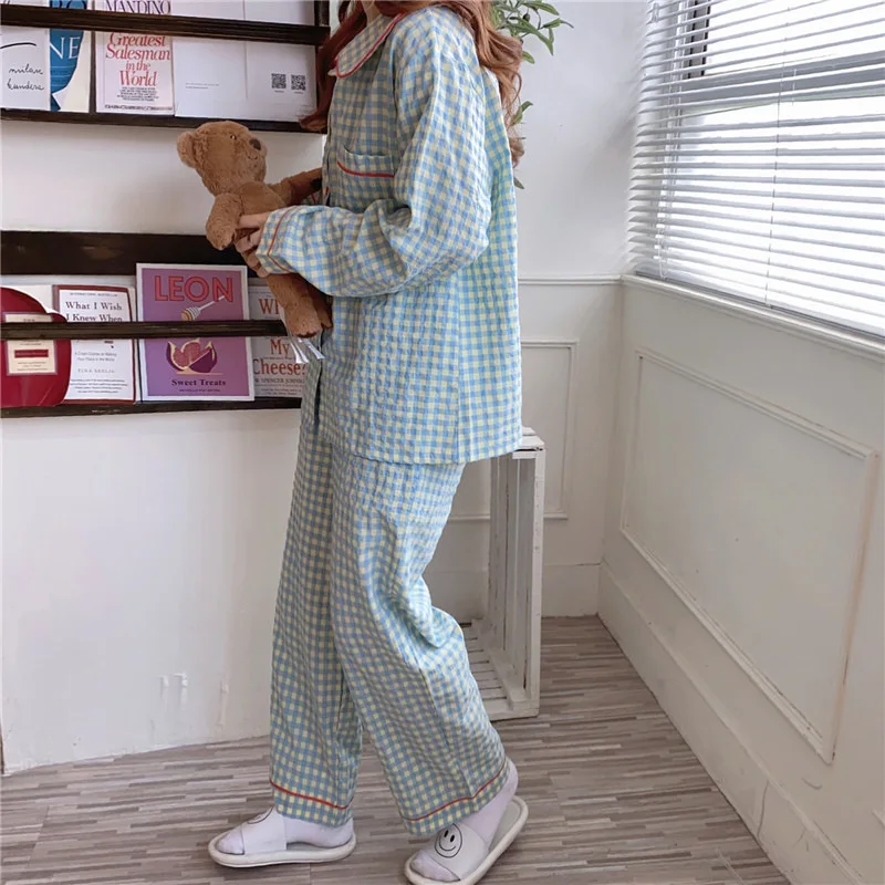 Women Long-Sleeved Pajamas Spring Autumn Summer Casual Thin Korean Ins-Style Student Plaid Doll Collar Loungewear
