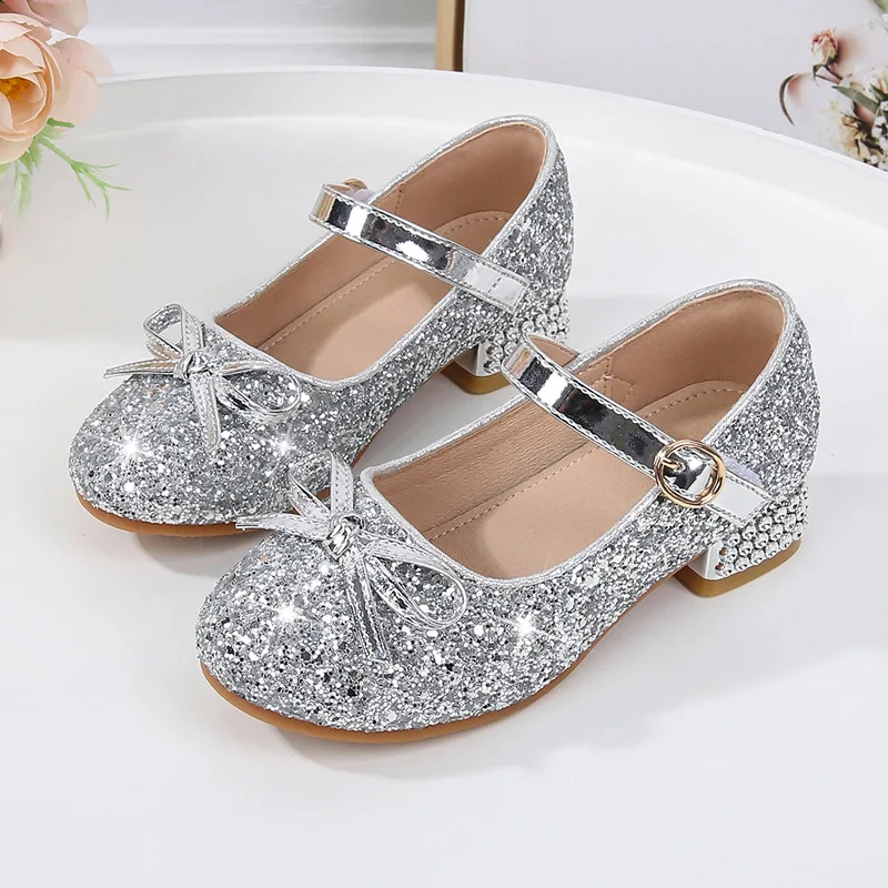 Children Fashion Girls Leather Shoes Low Heels Rhinestones Shiny Elegant Princess Shoes Hook & Loop Chic Sweet Princess Shoes