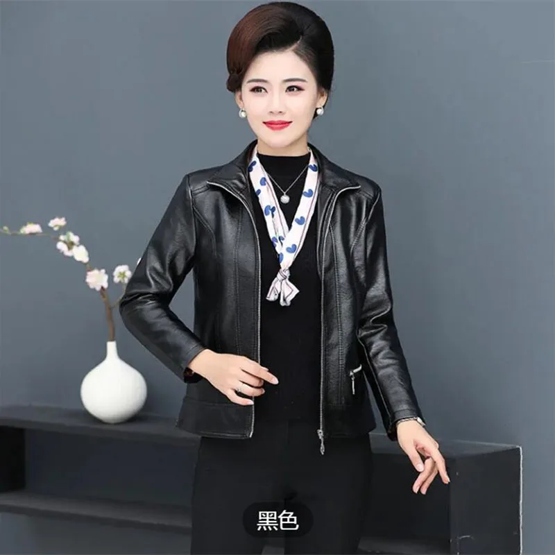 Fashion Elderly Women\'s Leather Clothes 6XL Big Size Women\'s PU Pi Jacket New Spring Autumn Casual Jackets Female Outerwear Tops