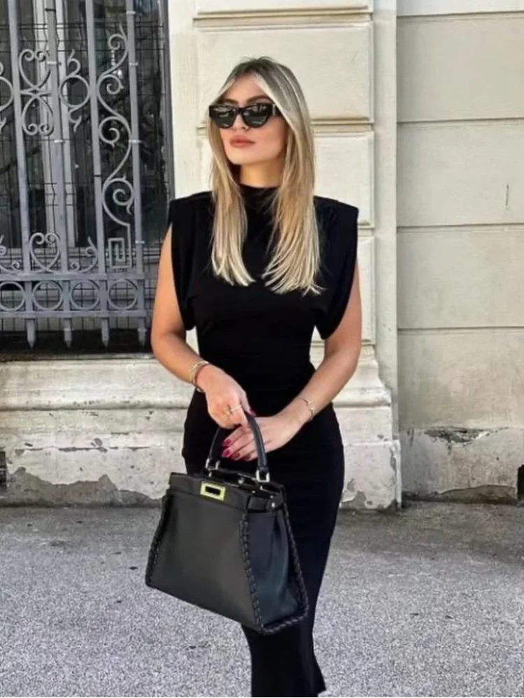 Women Dress Elegant High Collar Sleeveless Pleated Hip Hugging High Waist Slimming Office