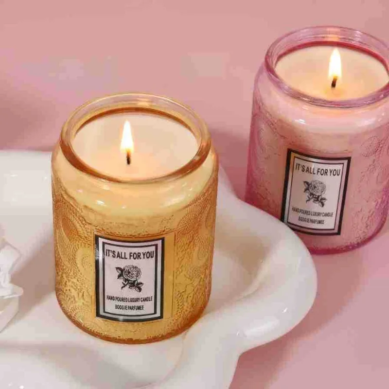 Soy Wax Aromatherapy Candle Smokeless Aromatherapy Embossed Fragrance Glass Cup Home Decor Birthday Party Gift