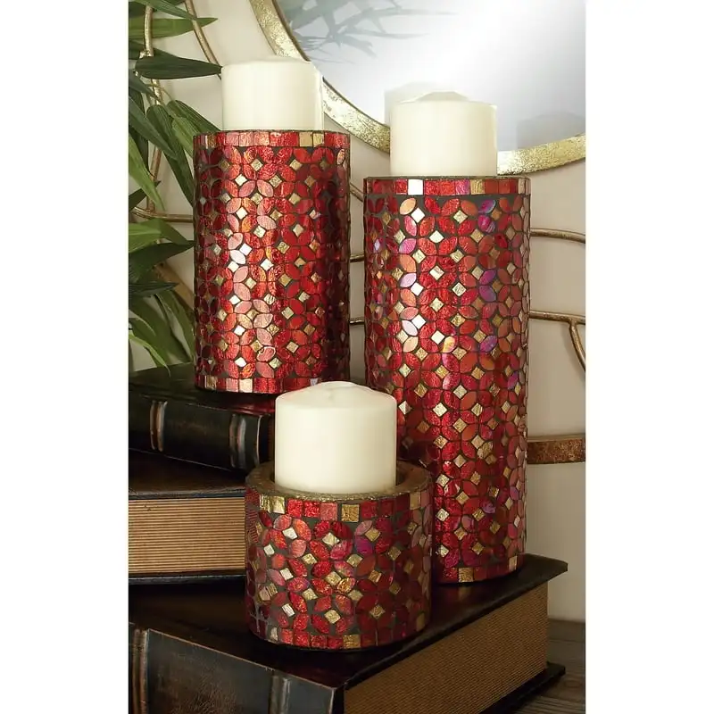 

Candle Red Metal Pillar Candle Holder with Mosaic Pattern, Set of 3