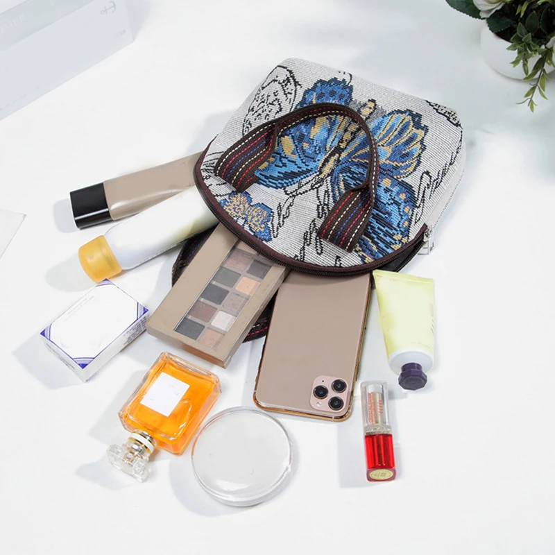 Butterfly Embroidery Top Handle Bag Small Phone Storage Purse Women's Woven Handbag With Zipper Canvas Handbag