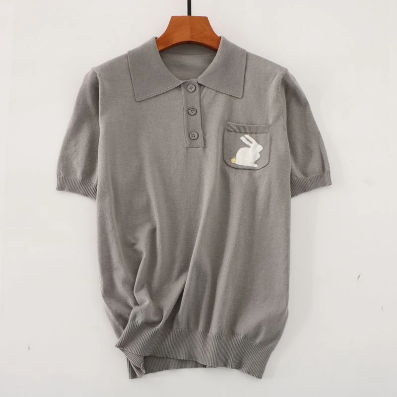 봄 여름 새로운 50% 코튼 50% 울 혼합 폴로 칼라 만화 작은 토끼 자카드 니트 탑 반팔 티셔츠 여성 